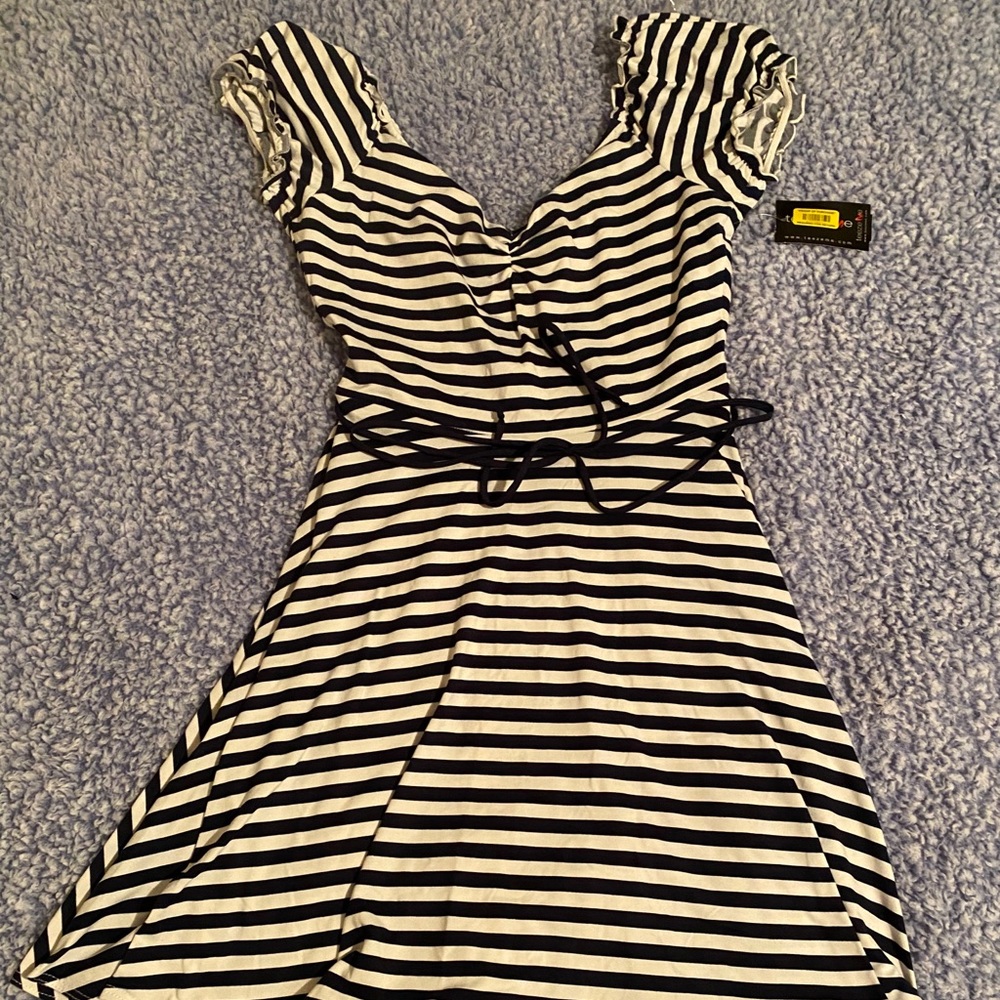 White and navy off the shoulder dress